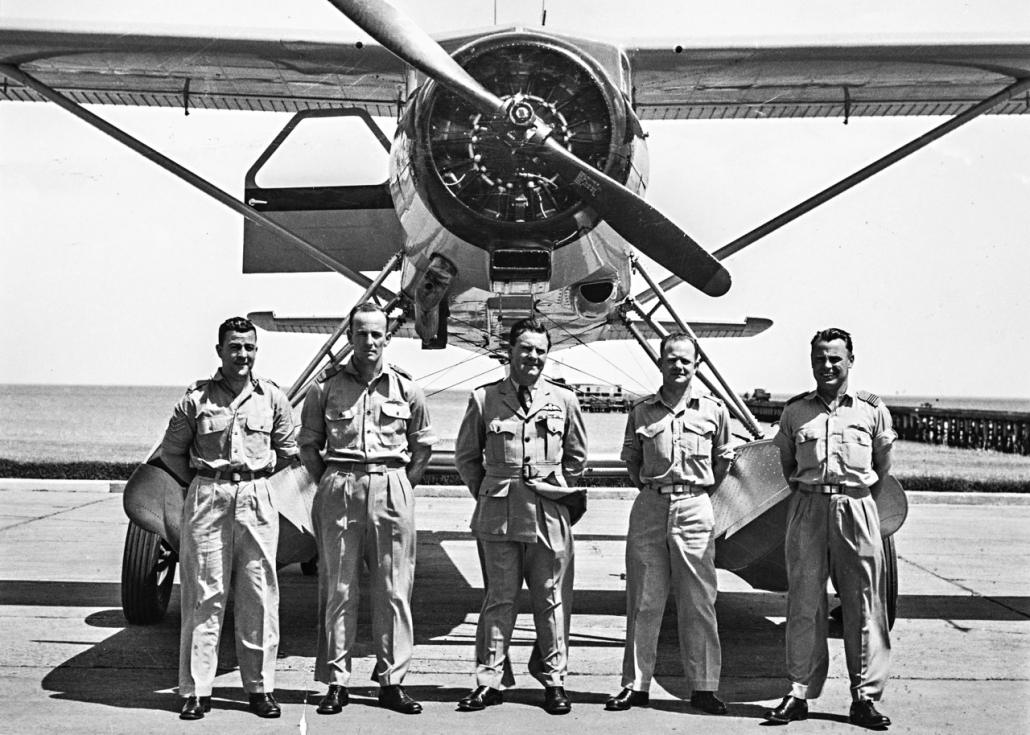 1955-56 RAAF Antarctic Flight, L to R SGT Johanson, PLT OFF Seaton, SQN LDR Leckie, SGT Sundberg, FLT LT Clemence © Doug Leckie Collection 1955-56 RAAF Antarctic Flight, L to R SGT Johanson, PLT OFF Seaton, SQN LDR Leckie, SGT Sundberg, FLT LT Clemence (Doug Leckie Collection)