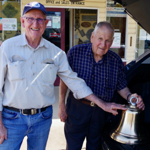 Peter Olds left retired Managering Director of Olds Engineering and Trevor Luff load the bell